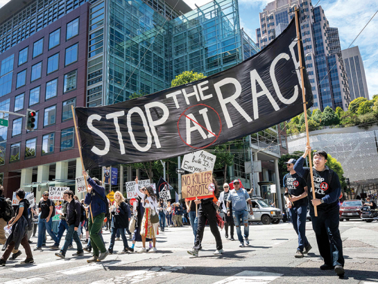 Protests pret mākslīgā intelekta attīstītāju steigu Sanfrancisko 11. jūlijā.