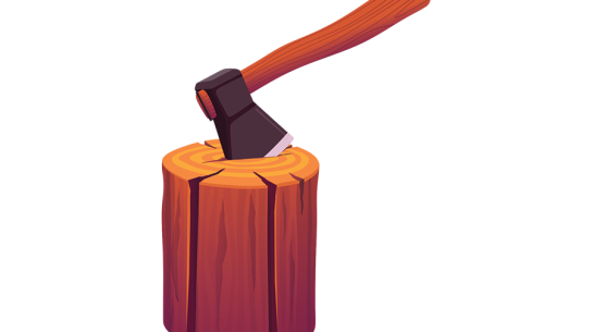 Cirvis iecirsts stāv kokā, kas gatavs tālākai apstrādei, simbolizējot mežsaimniecības nozari.