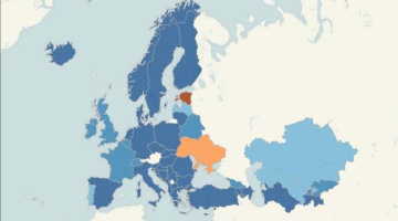 PVO ziņojumā ievietotā karte rāda HIV inficēto skaitu uz 100 000 iedzīvotāju.