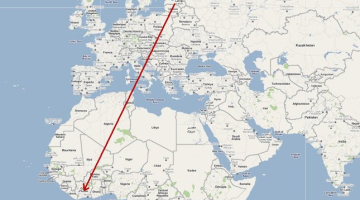 Karte: zivjērgļa ligzdošanas vieta Latvijā un ziemošanas vieta Āfrikā