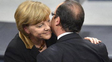 Vācijas kanclere Angela Merkele un Francijas prezidents Fransuā Olands tikšanās laikā šogad janvārī Berlīnē. Foto: AFP/LETA