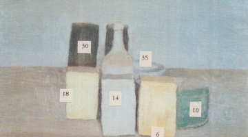 Miks Mitrēvics. „morandi 48a.jpg” – cipari, pielīmēti mākslinieka Džordžio Morandi darba "Still Life" (1956) reprodukcijai.