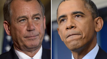 Republikāņi pret demokrātiem. ASV Pārstāvju palātas spīkers republikānis Džons Bēners (pa kreisi) un ASV prezidents Baraks Obama. Foto: AFP/LETA