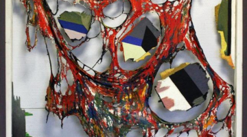 Visvalža Ziediņa darbs "Materializētas sajūtas". Tapis 20.gs. 80. gados. Materiāli: koks, grīdas lupata, līme, eļļa, drātis, sintētiskā aukla. Publicitātes foto