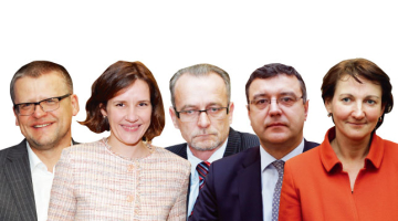 No kreisās: Guntis Belēvičs, Dana Reizniece–Ozola, Dzintars Rasnačs, Jānis Reirs, Mārīte Seile