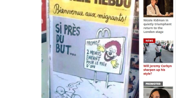 Ekrānattēls ar "Charlie Hebdo" karikatūru no "The Independent".