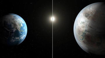Pa kreisi - Zeme. Pa labi - eksoplanēta Kepler-452b. Foto: twitter.com/NASA