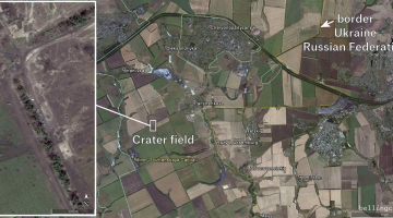 Satelītattēls ar artilērijas šāviņu krāteriem. Foto no "Bellingcat" pētījuma
