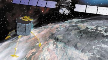 EKA attēls rāda "Rosettas" nogādātās zondes "Philae" nosēšanos uz komētas. Foto: EPA/LETA