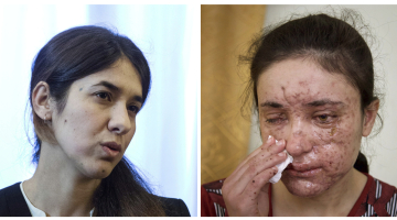 Jezīdu kopienas locekles Nadia Murada(pa kreisi) un Lamija Hadži Bašara. Foto: TT NYHETSBYRAN/LETA