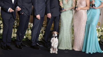 Terjers Ugijs pozē ar franču filmas Mākslinieks aktieru ansambli pēc ASV Kinoakadēmijas balvas pasniegšanas ceremonijas, kurā šī lente saņēma piecus Oskarus: labākā filma, labākais režisors, labākais aktieris, labākie kostīmi un labākā oriģinālā mūzika. Ugijs līdz šim jau piedalījies piecās filmās.