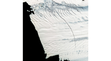 Visātrāk sarūkošais ledājs — Painailendas glečers Antarktikā. Ilustratīvs attēls no NASA satelīta. 