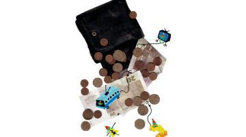 Santīmus un latus no katra pilsoņa maka «ķeksē» pārmaksātā ceļu būve, dārgie satiksmes autobusi, korupcija elektroapgādē un digitālā televīzija. Ilustrācija — Ernests Kļaviņš