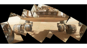 Marsa visurgājēja Curiosity pavēderes pārbaude 9.septembrī, tas ir, mēnesi pēc nolaišanās uz Sarkanās planētas. Centrā redzamās četras acis ir riskantu objektu identificēšanas un apbraukšanas sensori.