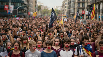 Katalonijas neatkarības atbalstītāji pirmdien devās Barselonas ielās, protestējot pret Spānijas Civilās gvardes vardarbību svētdien referenduma laikā.
Foto — AP/LETA
