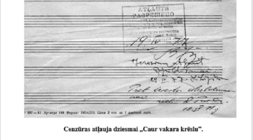 Cenzūras dota atļauja A. Priedīša pirmajai Latvijas Radio ierakstītajai dziesmai "Caur vakara krēslu". Dziesmas likteni vispirms izlēma trīs cenzori. Pirmais -
 tekstam, otrais -
 mūzikai un trešais uzlika zīmogu un dziesmu apstiprināja. Attēls no A. Priedīša grāmatas