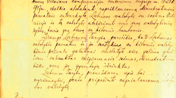Vācijas Ārlietu ministrijas Politiskajā arhīvā atrastais 1918. gada dokuments, kas vācu un lietuviešu valodā pasludina, ka tiek atjaunota neatkarīga Lietuvas valsts ar galvaspilsētu Viļņu