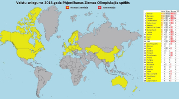Karte ar valstīm, kuras Phjončhanas spēlēs ieguva medaļas.