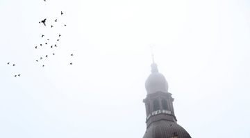 Doma baznīcas tornis miglā. Foto: Edijs Pālens, LETA