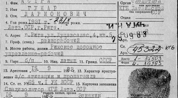 Latvijas PSR Valsts Drošības komitejas veidotā uzskaites kartīte par Gunāra Astras sodāmību. 1983. gads. Latvijas Nacionālais arhīvs