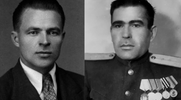 Kreisajā pusē — bijušais kompartijas pagrīdnieks, vēlākais Latvijas PSR Valsts drošības tautas komisariāta / ministrijas 5. daļas priekšnieka vietnieks Eduards Gavars. Labajā pusē — LPSR VDTK Abrenes apriņķa daļas darbinieks Ignats Rjabčuks. 1944.—1945. gads. 
Fotogrāfiju autori nezināmi. Latvijas Nacionālā arhīva krājums