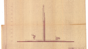 Latvijas Nacionālā arhīva fondā saglabātā skice no 1985. gadā atklātā pieminekļa Padomju armijas karavīriem — Rīgas pilsētas atbrīvotājiem no vācu fašistu okupantiem celtniecības dokumentācijas