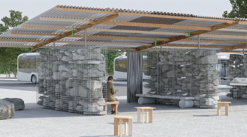 Pilsētvides instalācija No Time To Waste — transporta gaidīšanas nojume laukumā pie Balti Jaam dzelzceļa stacijas. Atklātā konkursā uzvarējušie arhitekti pieturu piedāvā salikt kā vienkāršu būvi, kuras jumtu balsta stiepļu gabioni, kas pildīti ar būvniecības atkritumiem un materiālu pārpalikumiem
Vizualizācija — Elisabeth Terrisse de Botton un Matthieu Brasebin