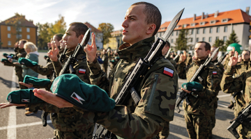Vroclavas Sauszemes spēku militāro universitāti pabeigušie kadeti 19. oktobrī nodod zvērestu pirms pievienošanās Polijas bruņotajiem spēkiem.
Foto — Scanpix