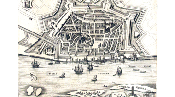 Skats uz Rīgu no putna lidojuma 1641. gadā tapušā gravīrā. Tajā redzami neilgi pirms tam uzbūvētie nocietinājumi