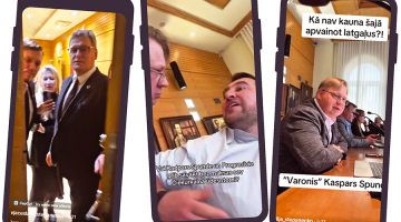 Vjačeslavs Stepaņenko cenšas iekļūt Rīgas mēra Viestura Kleinberga kabinetā, apsūdzot viņu un vairākus deputātus alkohola lietošanā darba telpās. Attēlos pa labi: Rūdolfa Brēmaņa saķeršanās ar Kasparu Spundi, kad komitejas sēdē tika vērtēts Čiekurkalna biedrības lūgums.
Ekrānuzņēmumi no politiķu sociālo tīklu kontiem