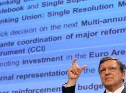 Eiropas Komisijas prezidents Žozē Manuels Barrozu diskusijā. Foto: EPA/LETA