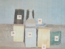 Miks Mitrēvics. „morandi 48a.jpg” – cipari, pielīmēti mākslinieka Džordžio Morandi darba "Still Life" (1956) reprodukcijai.