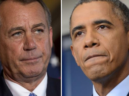 Republikāņi pret demokrātiem. ASV Pārstāvju palātas spīkers republikānis Džons Bēners (pa kreisi) un ASV prezidents Baraks Obama. Foto: AFP/LETA