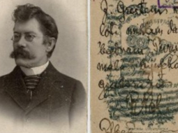 Rūdolfa Blaumaņa portrets ar veltījumu: “J. Grestem kā ļoti mīļam darba biedram – Purva malā bijušais grāvracis – R.Bl. Ptbgā 15. febr. 1903.” Foto: Zonvalds (Sohnwald), Rīga. RTMM 3451