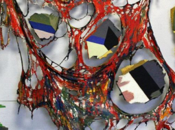 Visvalža Ziediņa darbs "Materializētas sajūtas". Tapis 20.gs. 80. gados. Materiāli: koks, grīdas lupata, līme, eļļa, drātis, sintētiskā aukla. Publicitātes foto