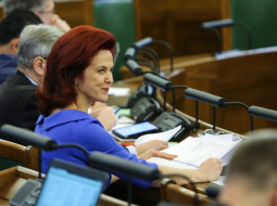 Solvita Āboltiņa (Vienotība) Saeimas sēdē. Foto: Dmitrijs Suļžics, F64
