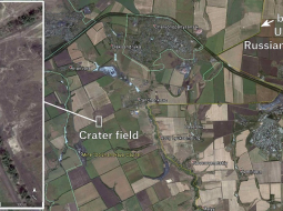 Satelītattēls ar artilērijas šāviņu krāteriem. Foto no "Bellingcat" pētījuma