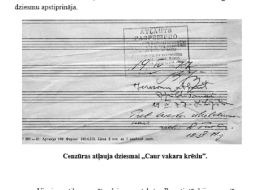 Cenzūras dota atļauja A. Priedīša pirmajai Latvijas Radio ierakstītajai dziesmai "Caur vakara krēslu". Dziesmas likteni vispirms izlēma trīs cenzori. Pirmais -
 tekstam, otrais -
 mūzikai un trešais uzlika zīmogu un dziesmu apstiprināja. Attēls no A. Priedīša grāmatas