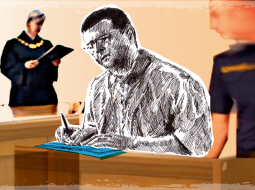 Augustā tiesa piesprieda Jurijam Stilvem nosacītu sodu un atbrīvoja tiesas zālē. Zīmējums — Artur Kuus

