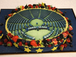 Torte ar Eiropas Parlamenta sēžu zāles attēlu. Foto: Ieva Leiniša, LETA