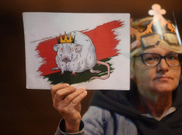 Protestētāja uzlikusi kroni galvā un rokā tur karikatūru, kurā Aleksandrs Lukašenko attēlots paša iemīļotajā žurkas tēlā, kā viņš apsaukā protestētajus. Foto: EPA/Scanpix