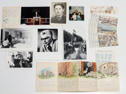 Fotogrāfijas no Gunāra Freimaņa albuma: bērnības portrets, ar mazmeitām, uzrunājot tautiešus trimdā, zem sarkanbaltsarkanā karoga Helsinki-86 gājienā 1988. gada 
14. jūnijā (Freimanis — gaišā džemperī) un sarunā ar Jāni Rožkalnu, Rolandu Silaraupu un Linardu Grantiņu 1987. gadā. Līdzās Freimaņa sūtītie zīmējumi no lēģeriem.
Foto — Kristīne Madjare