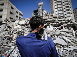 Palestīnietis Ahmeds Mosabe (28) pie kādas Izraēlas armijas sabombardētas mājas Gazas joslā 18. maijā.
Foto — Scanpix