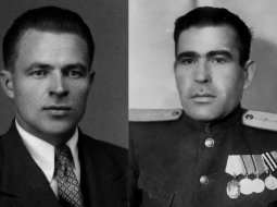 Kreisajā pusē — bijušais kompartijas pagrīdnieks, vēlākais Latvijas PSR Valsts drošības tautas komisariāta / ministrijas 5. daļas priekšnieka vietnieks Eduards Gavars. Labajā pusē — LPSR VDTK Abrenes apriņķa daļas darbinieks Ignats Rjabčuks. 1944.—1945. gads. 
Fotogrāfiju autori nezināmi. Latvijas Nacionālā arhīva krājums
