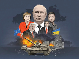 Ilustrācijā no kreisās: bijusī Vācijas kanclere Angela Merkele, bijušais Vācijas ārlietu ministrs, tagad Valsts prezidents Franks Valters Šteinmeiers, Krievijas prezidents Vladimirs Putins, bijušais ASV prezidents Džordžs Bušs un Ukrainas prezidents Volodimirs Zelenskis.
Ilustrācija — Der Spiegel