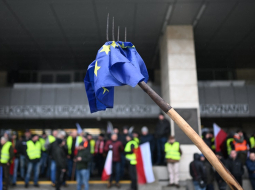 Eiropas Savienības karogs uzdurts uz zemnieka dakšām Polijas lauksaimnieku protestā šogad februārī Poznaņā. Foto - Sergei GAPON/AFP