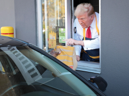 Savā priekšvēlēšanu kampaņas pasākumā 20. oktobrī Pensilvānijas štata Fīstervilas-Trevizas mazpilsētā Donalds Tramps aptuveni 15 minūtes «strādāja» vietējā McDonald’s