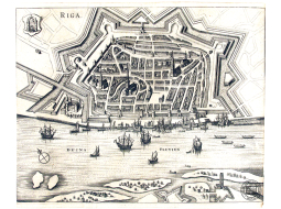 Skats uz Rīgu no putna lidojuma 1641. gadā tapušā gravīrā. Tajā redzami neilgi pirms tam uzbūvētie nocietinājumi