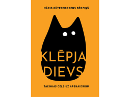 Māris Gūtenmorgens Bērziņš grāmatas “Klēpja Dievs” vāks ar melnu stilizētu kaķa siluetu un baltiem burtiem oranžā fonā.